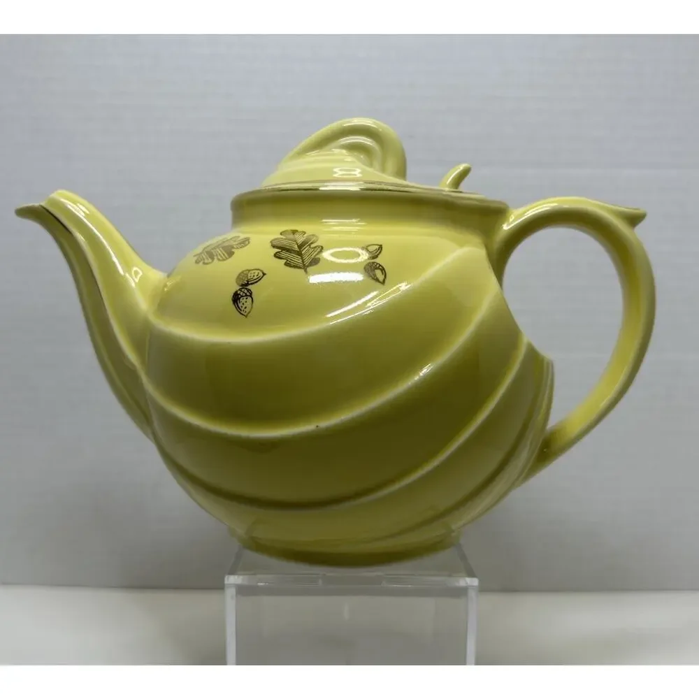 Vtg HALL 6 Cup Teapot Parade Yellow w/ Gold Acorn Oak Leaf Design Ceramic 0799